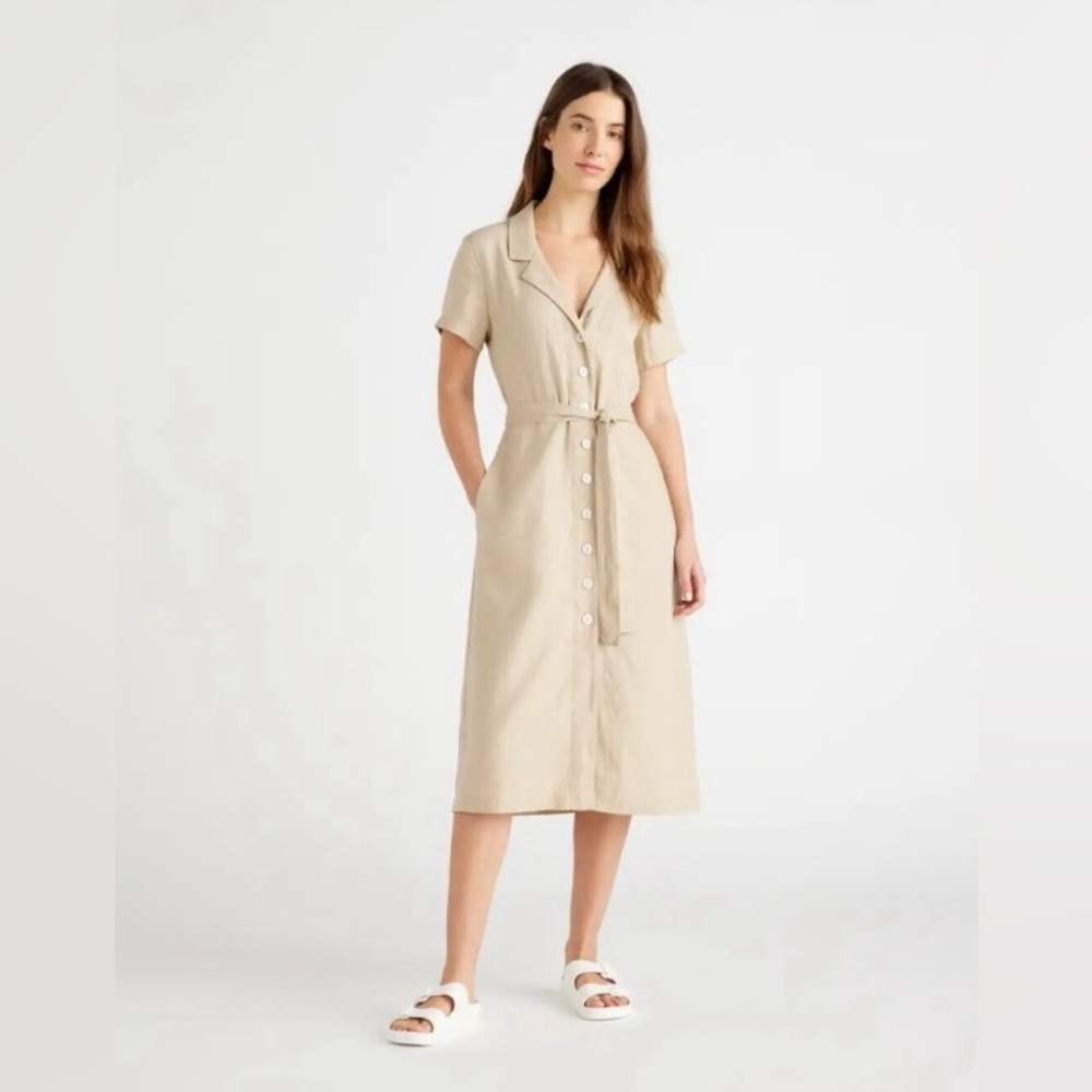 Quince Beige Midi Dress with Belted Waist